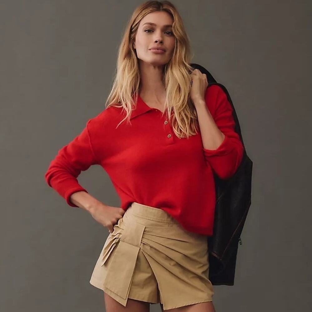 Pilcro Anthropologie Jensen Sweater Red Cropped Collared Cashmere Women size XXS